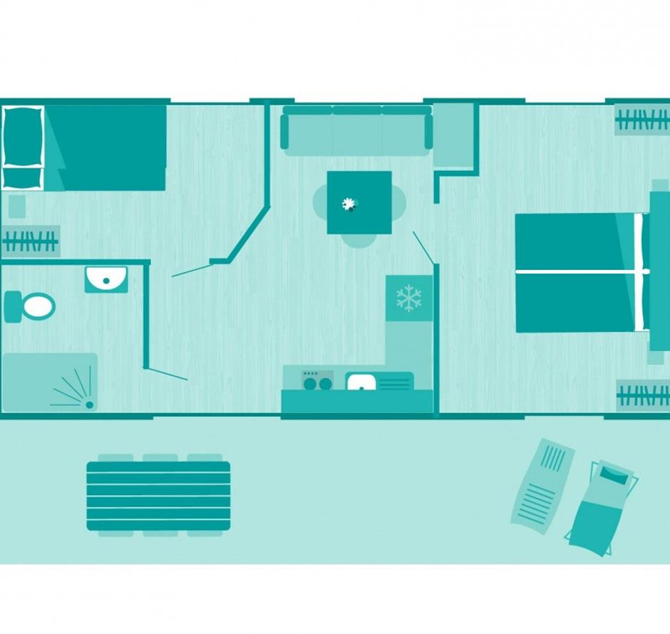 Plan du Mobil-home 4/6 personnes avec 2 chambres et clim accessible PMR 