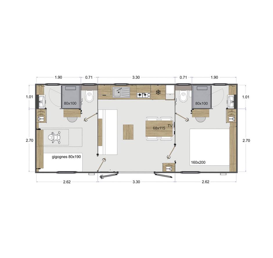 Plan du Cottage 4 personnes 2 chambres 2 salles de bain 4 fleurs 